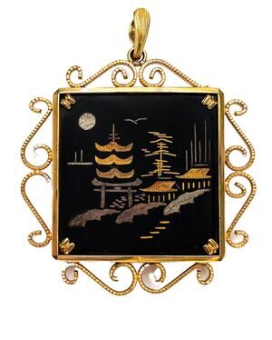 Vintage Japanese Damascene Pagoda Pendant Gold Tone Black Scenic Landscape 1970s